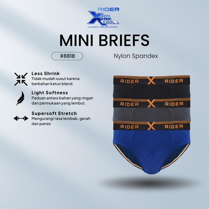 Rider Xtracool R881B Celana Dalam Pria Mini Brief Poliester Isi 3 Pcs Katun Lembut
