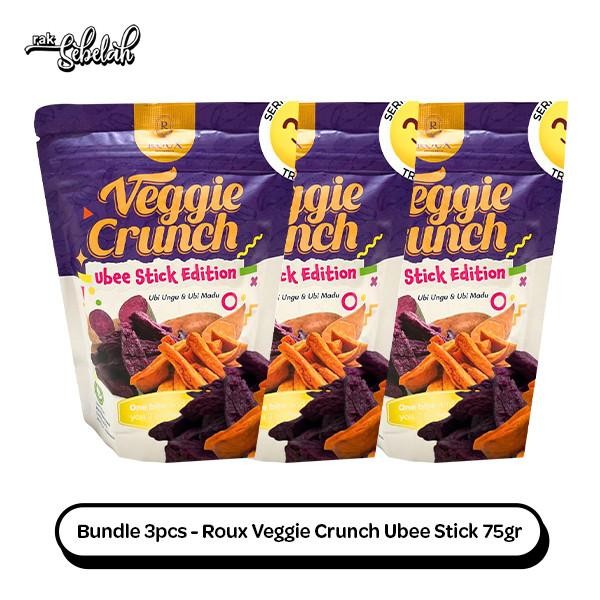 

Bundle 3pcs Roux Veggie Crunch Purple Ubee Stick Edition 75g - Snack Keripik Stik Ubi Ungu Madu Rak
