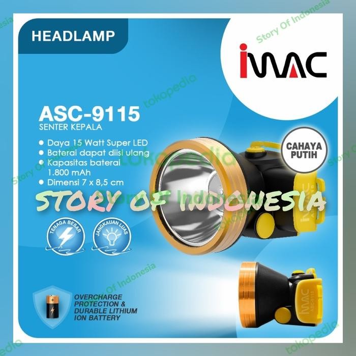 Ready Senter Kepala 15Watt Emergency / Darurat IMAC ASC-9115 Warna Putih 15W