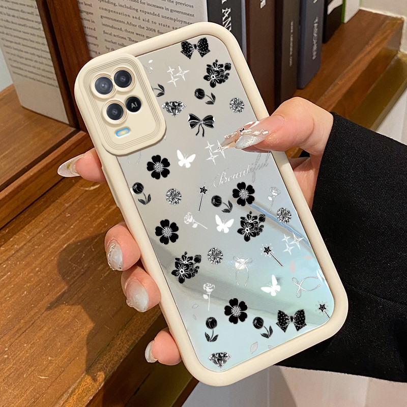 Casing Hp OPPO A54 Case Casing HP pola Bunga Hitam Kesing Kasing cermin Cesing Silikon Softcase