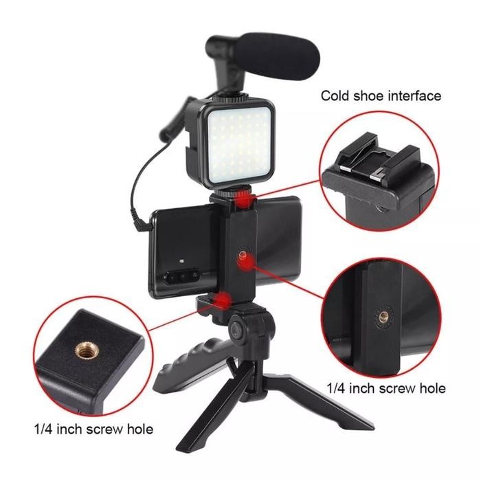 vlogger mini tripod mic condenser led microphone hp holder paket vlog [kualitas terbaik]
