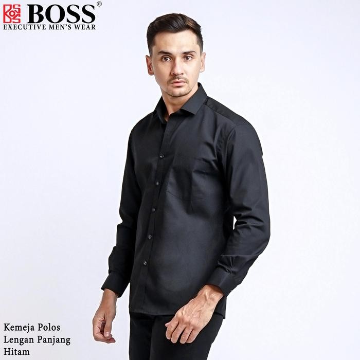 BOSS Kemeja Polos Pria Lengan Panjang Slim Fit Hitam