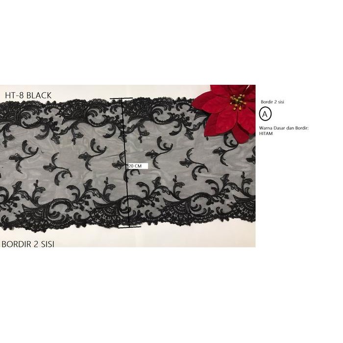 Renda Ht-8 Black/ Hitam Dan Purple/ Ungu Bordir 2 Sisi Lebar: 20 Cm
