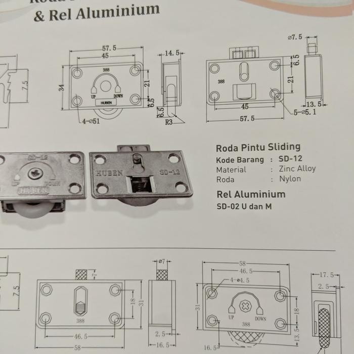 Roda Pintu Lemari Geser Sleding Huben SD-12 / 388 Sliding untuk rel UM