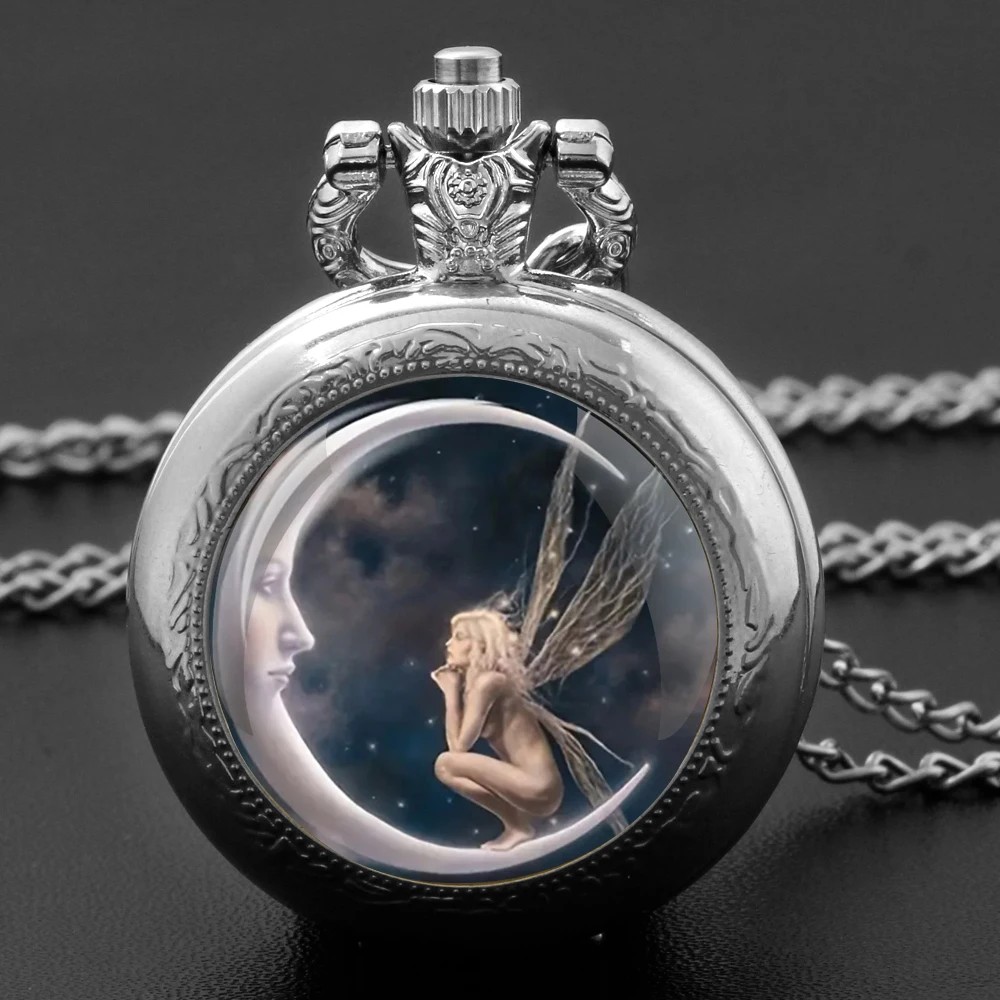 New Arrival Moon Angel Girl Pattern Pocket Watch Necklace Chain Pendant Necklace Quartz Watch Women