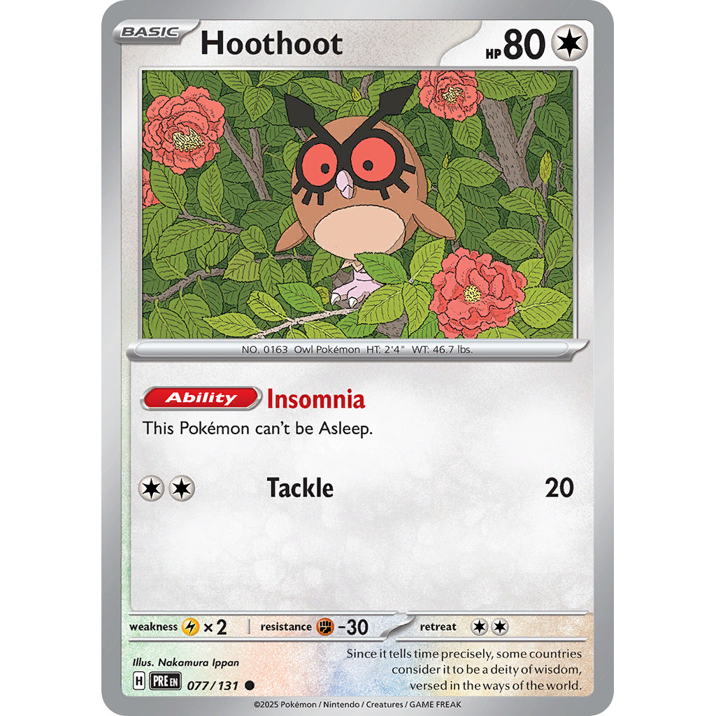 Hoothoot 77/131 Prismatic Evolutions EN, Nakamura Ippan Kartu TCG Pokemon ORI 2025 sv8pt5-77