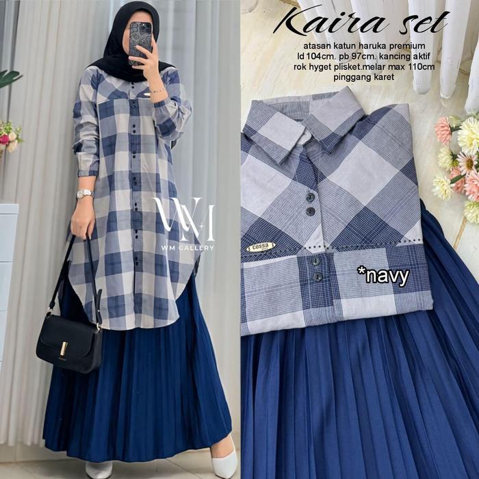 Setelan Rok Tunik Kaira Set Bahan Katun Haruka Mix Plisket Ld 107Cm Pj Rok 90Cm Kancing Aktif Busui