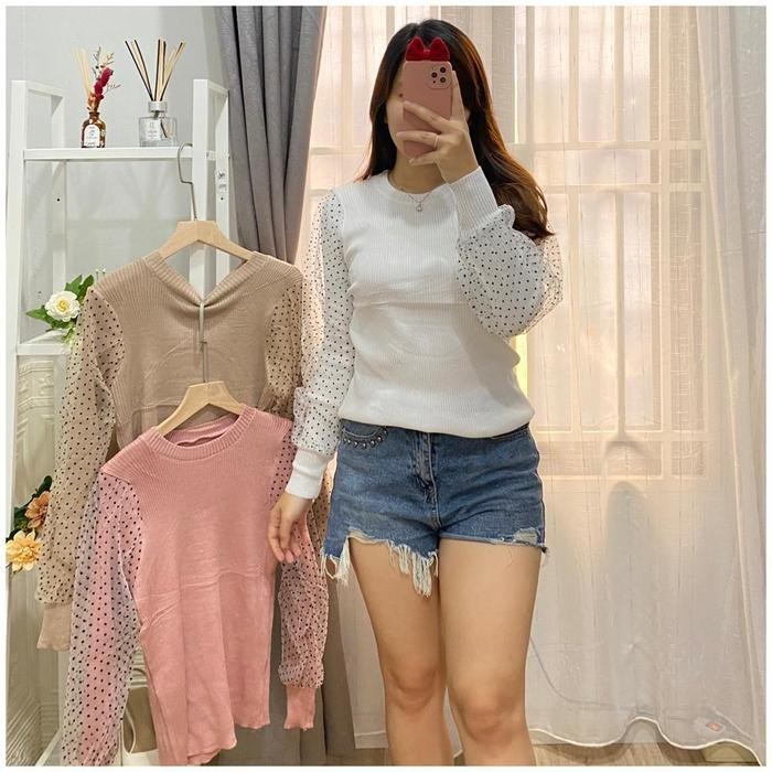 GLIVEO (COD) - BLOUSE LENGAN BALON TILE POLKA KECIL RAJUT IMPORT / ATASAN RAJUT LENGAN PANJANG/ BLUS