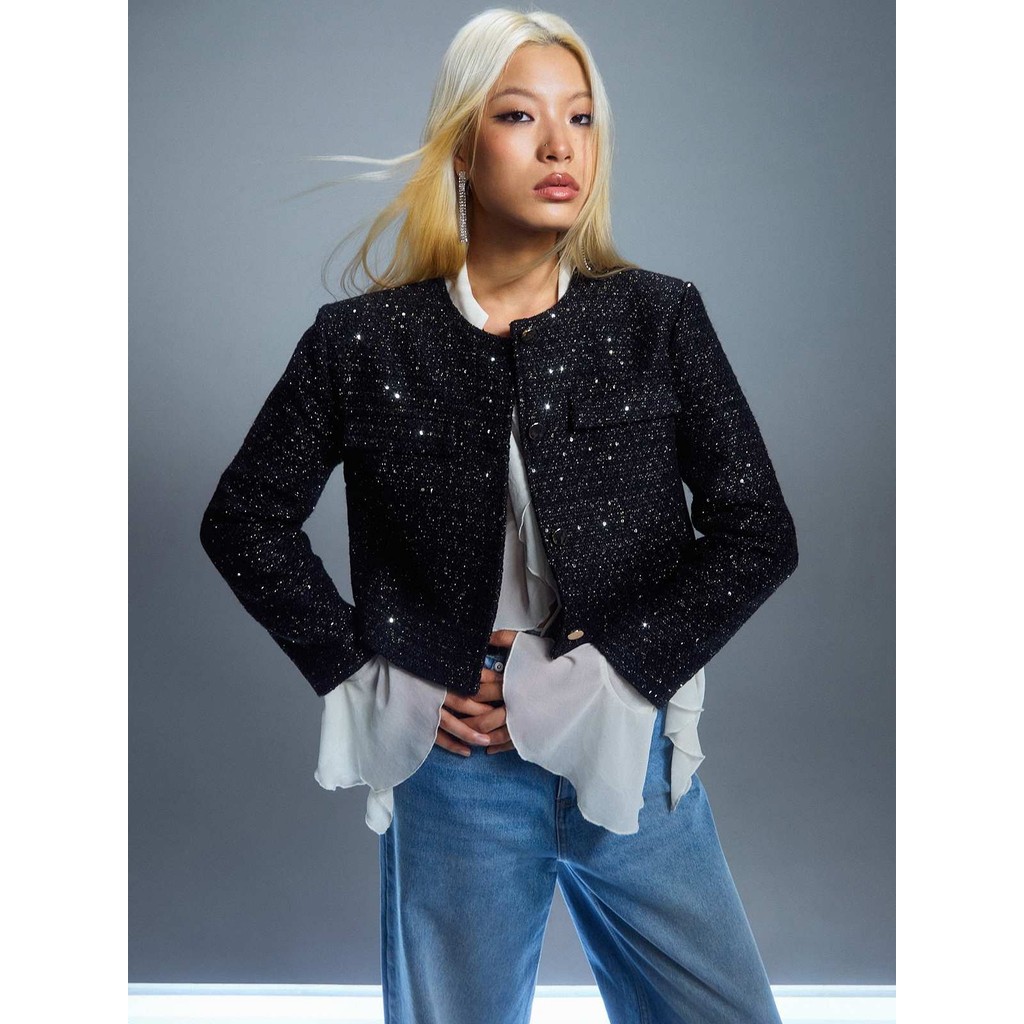 Pomelo - Blazer Wanita - Cropped Tweed Blazer - Black