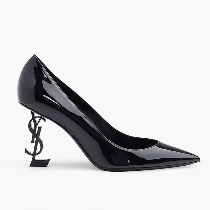 SAINT LAURENT YSL Opyum 85mm Pumps in Black Patent w Black Logo Heels