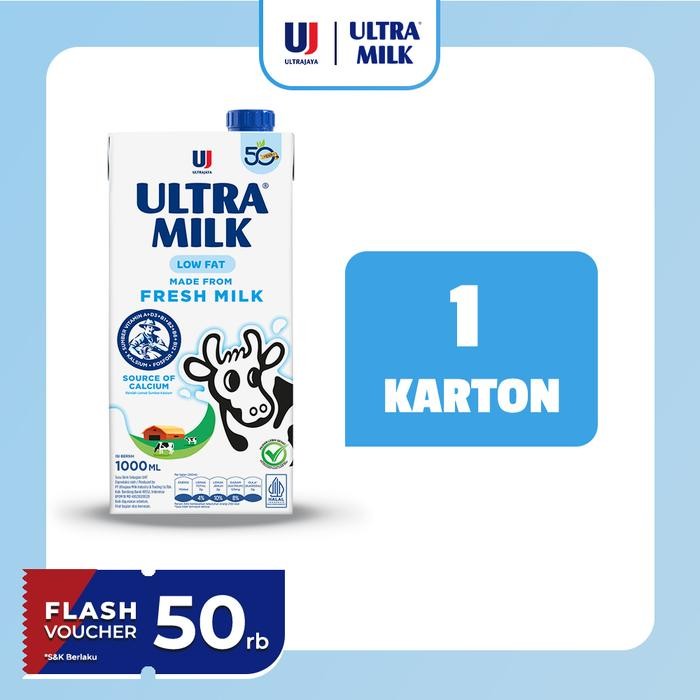 Pilihan- Ultra Milk Susu Uht Low Fat Plain 1000Ml 1 Karton (12 Pcs)