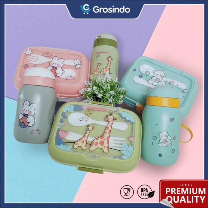 Set Kotak Tempat Bekal Makan & Botol Minum Anak Motif Karakter Lucu BPA Free Gratis Sendok dan Garpu