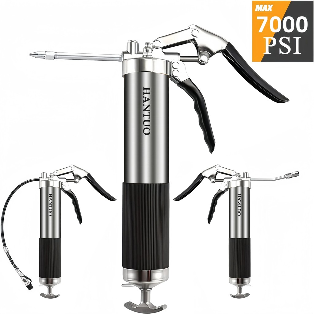 Grease Gun 7000 PSI Pistol Grip 14oz Load 18Inch Spring Flex Hose 2Grease Couplers 2Extension Rigid 