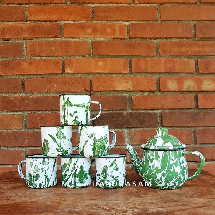 Set Teko Cebol + 6 Mug Lurik 7cm Enamel Seng Blek Gelas Jadul Blirik