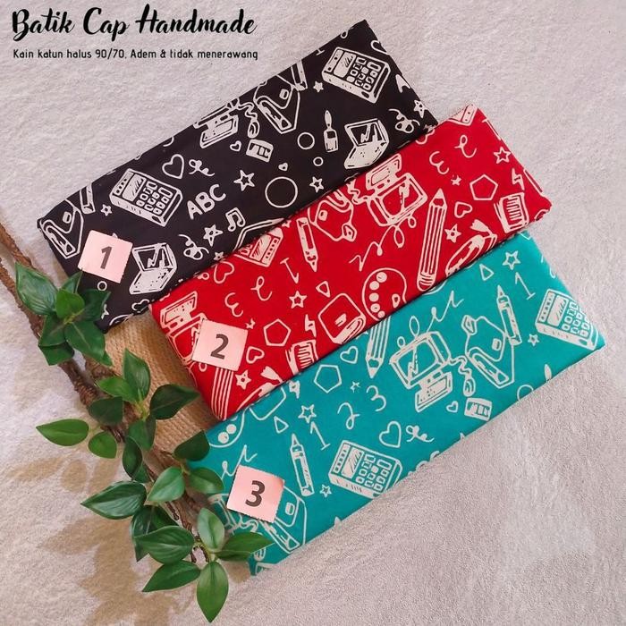 Kain Batik Cap Handmade Motif Alat Tulis Matematika Hitam Merah Tosca
