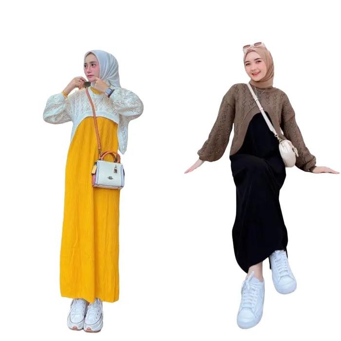 080j- One Set Inner Dress - Baju Stelan Wanita Bahan Rajut - 2 In 1 Inner+Outer Hitam Outer