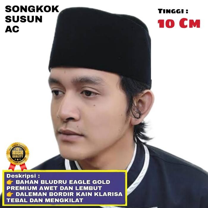 DISKON Songkok peci Kopiah Susun Hitam Tinggi 10 cm bahan premium gold daleman Bordir Kain klarisa