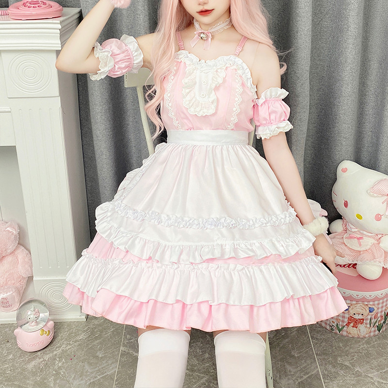 Japanese Sweet Lolita Dress Anime Cat Girl Plus Size Maid Halloween Cosplay Costume Pink Ruffles