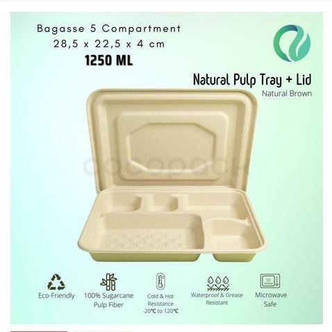 

Bagasse Bento Box Sekat 5 Natural Brown + Pulp Lid - 10Pcs(BS05-HB05)