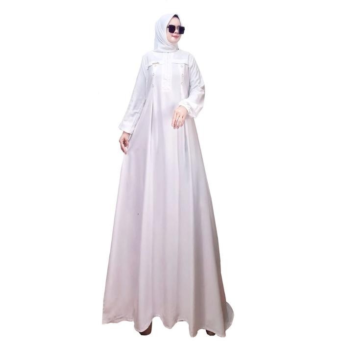 Ready Stok  Gamis Putih Wanita Polos Katun Rayon Twill Adem Detail