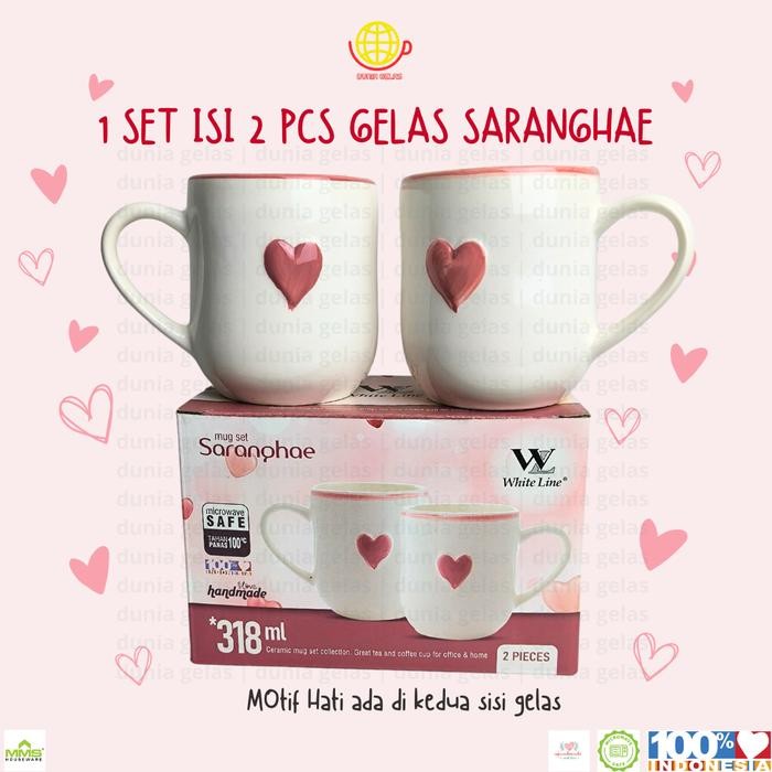 1 Set isi 2 pcs Gelas Mug Saranghae 318 ml / Gelas Keramik Set / Gelas Kado / Cangkir Keramik Motif
