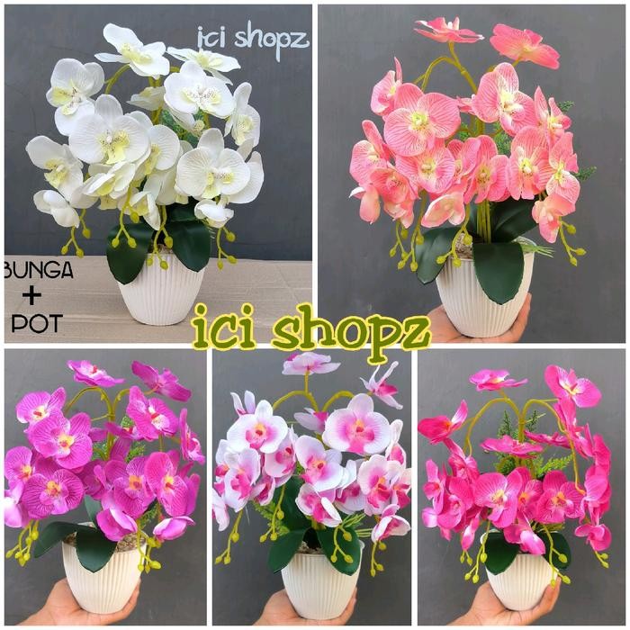 Anggrek Bulan 4 Cabang + Pot ( Bunga Kain Daun Latex) Dekorasi