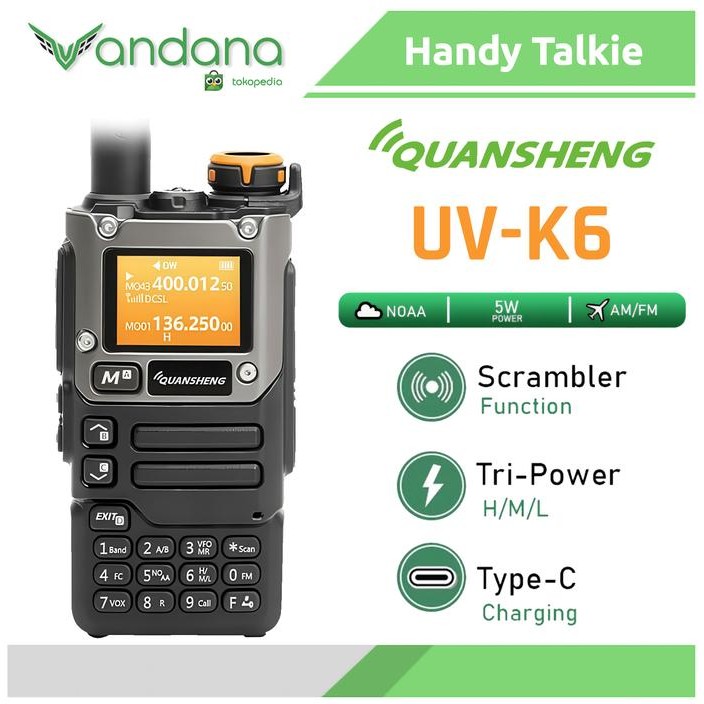 Ready HT Walkie Talkie Quansheng UV K6 UVK6 Air Band 5W UHF VHF TYPE C Charger Antena