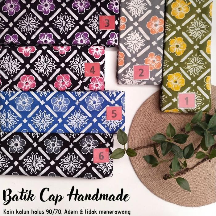 Kain Batik Cap Handmade Bunga Sakura (Kuning Oren Ungu Pink Biru Abu)