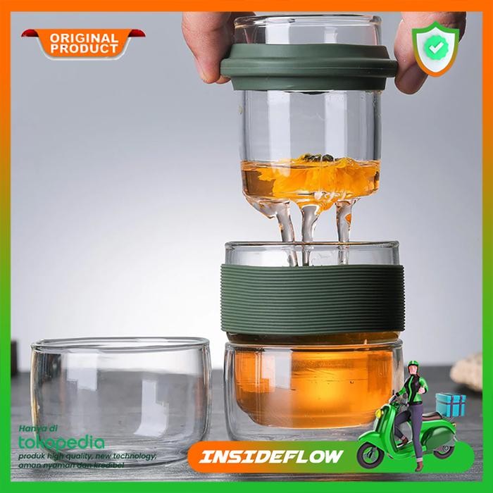 Gelas Infuser Kaca Filter Saringan Teh Teapot Glass 350ml With Pouch
