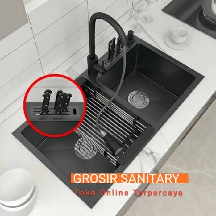 Kitchen sink 8245 hitam black paket kran tarik model bolzano