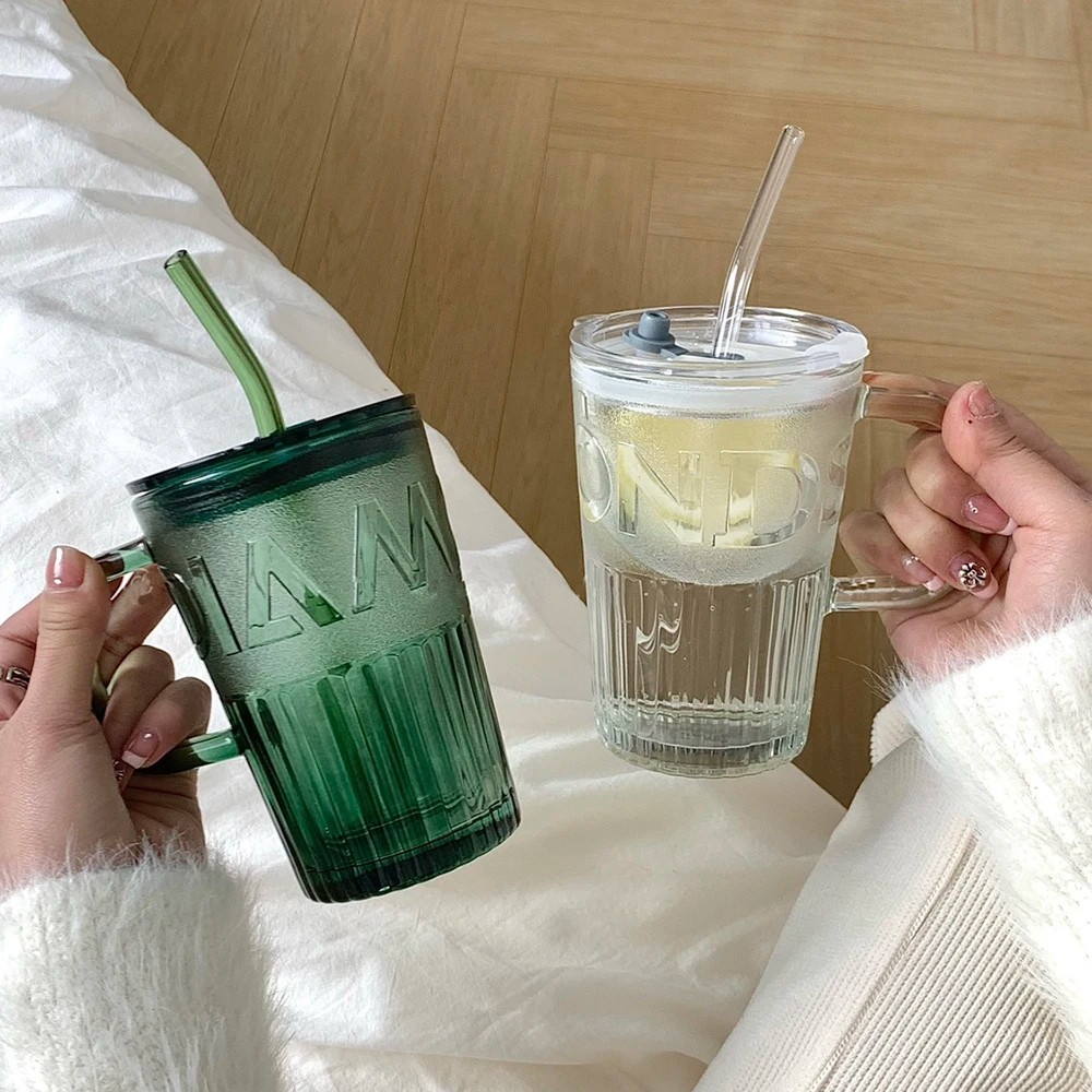 400Ml Retro Glass Tumbler With Lid And Straw Glass Coffee Cup Thick Glass Mug Milk Juice Cup
