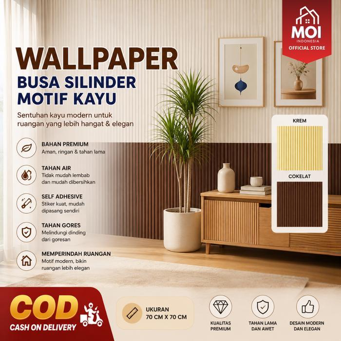 MOI Wallpaper Dinding 3D Timbul Garis Kayu 70x70cm Sticker Tembok Foam Menahan Benturan A53