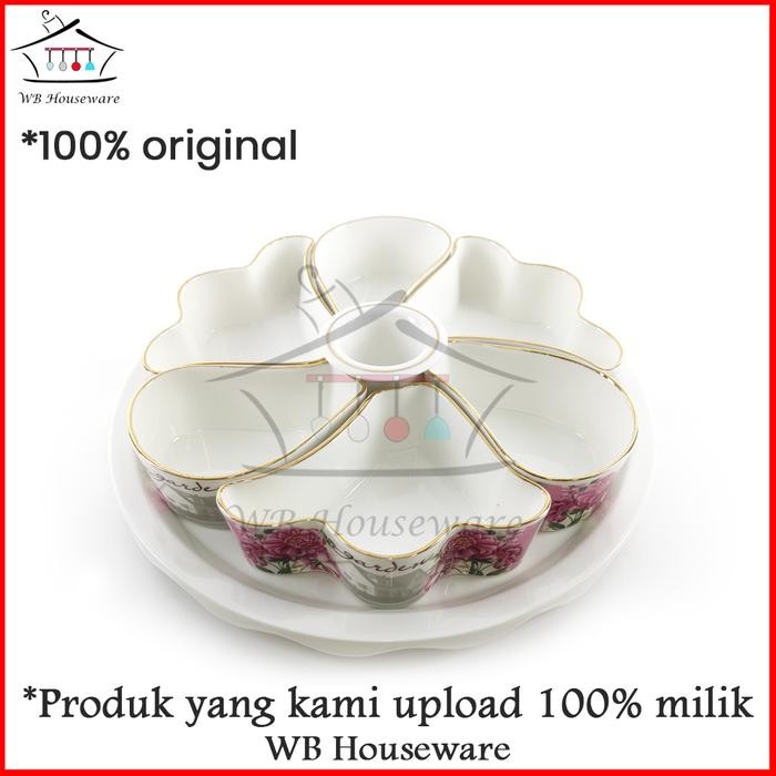 1 Set Piring Keramik Dengan Penutup / Tempat Permen / Wadah Kue Saji Fiorenza Ak-530 Motif Rose