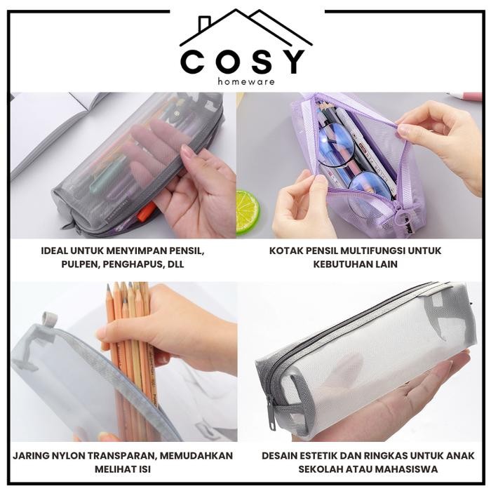 

New COSY Kotak Pensil Nylon Transparan / Tempat Stationery Jaring Resleting Estetik Banyak Warna /