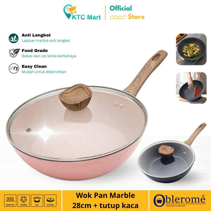 OBLEROME - Deep Pan Marble Granite 28 CM + Tutup Kaca Wok Pan Granite