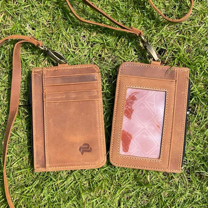 

OJ ID card holder with zipper slot lanyard kulit sapi asli nametag holder idcard Kalung