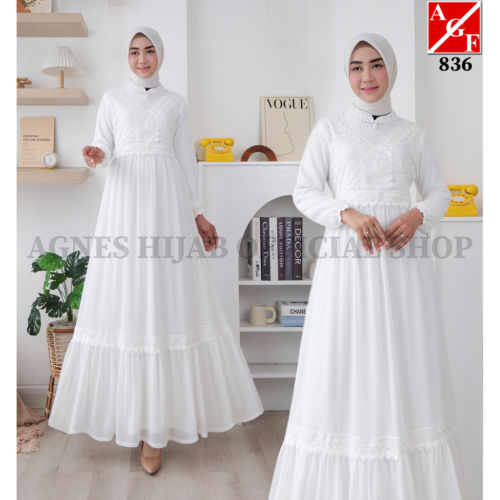 Agnes Hijab - Jihan Dress Gamis Putih Wanita Gamis Plisket Brukat Baju Muslim Wanita Busana Lebaran