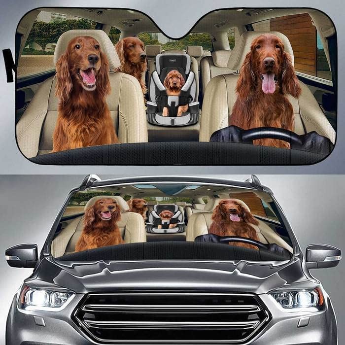 Funny Irish Setter Dog Family Driving Car Sunshade, Four Irish Setter