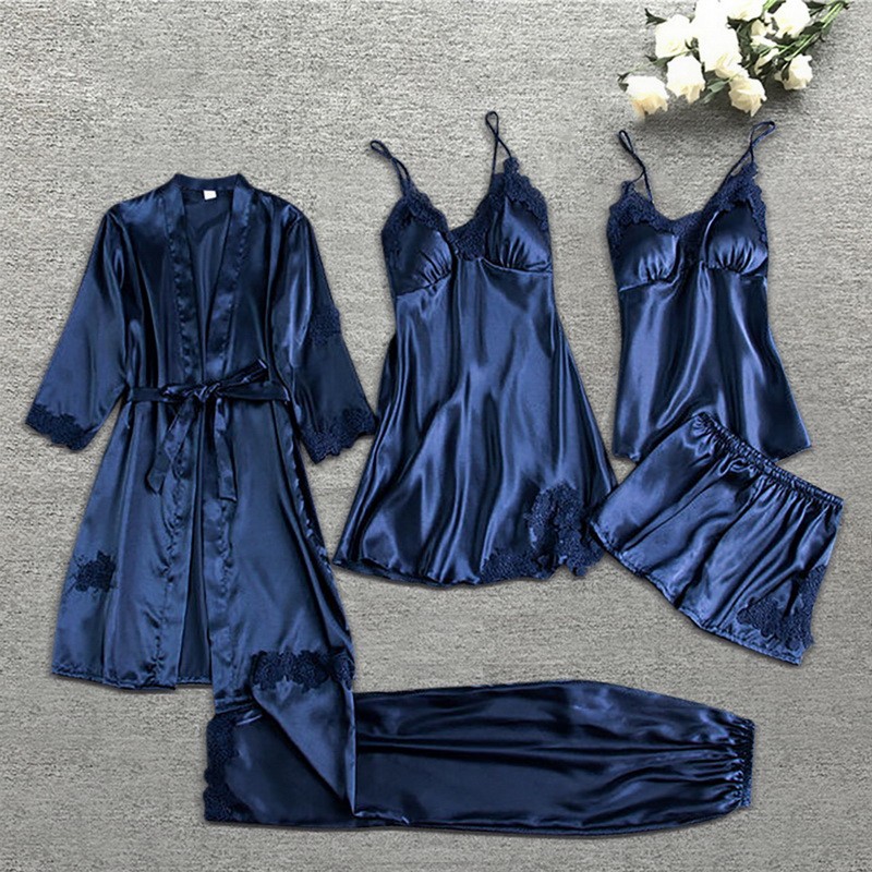 5PC Silk Robe Sleep Suit Womens Lace Satin Pajamas Gown Set V-Neck Cami Nighties Wear Pijama Home Ni