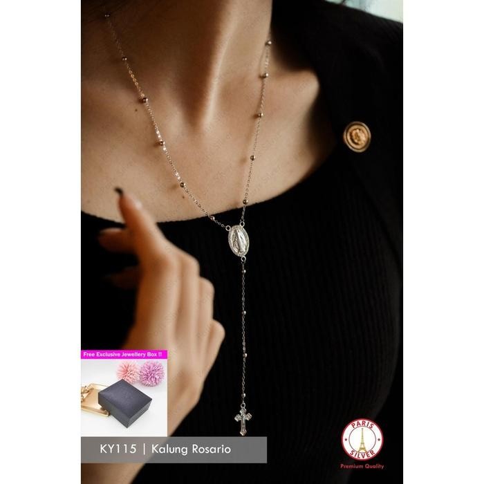 Kalung Salib Rosario Bunda Maria Perak Asli Silver 925 Lapis Emas Putih Liontin Salip Pria Wanita