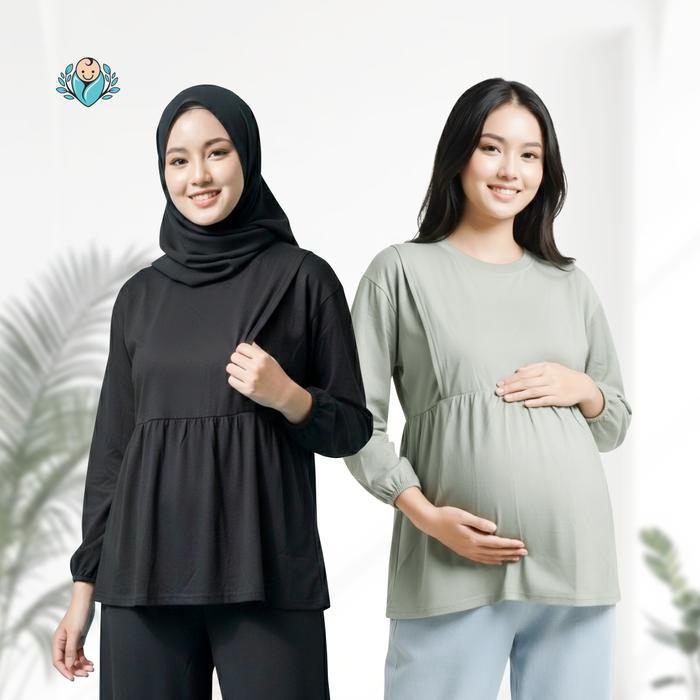 Bayiku.Id Naya Tunic Ruffle Busui Kaos Oversize Tunik Lengan Panjang Bukaan Samping Baju Menyusui