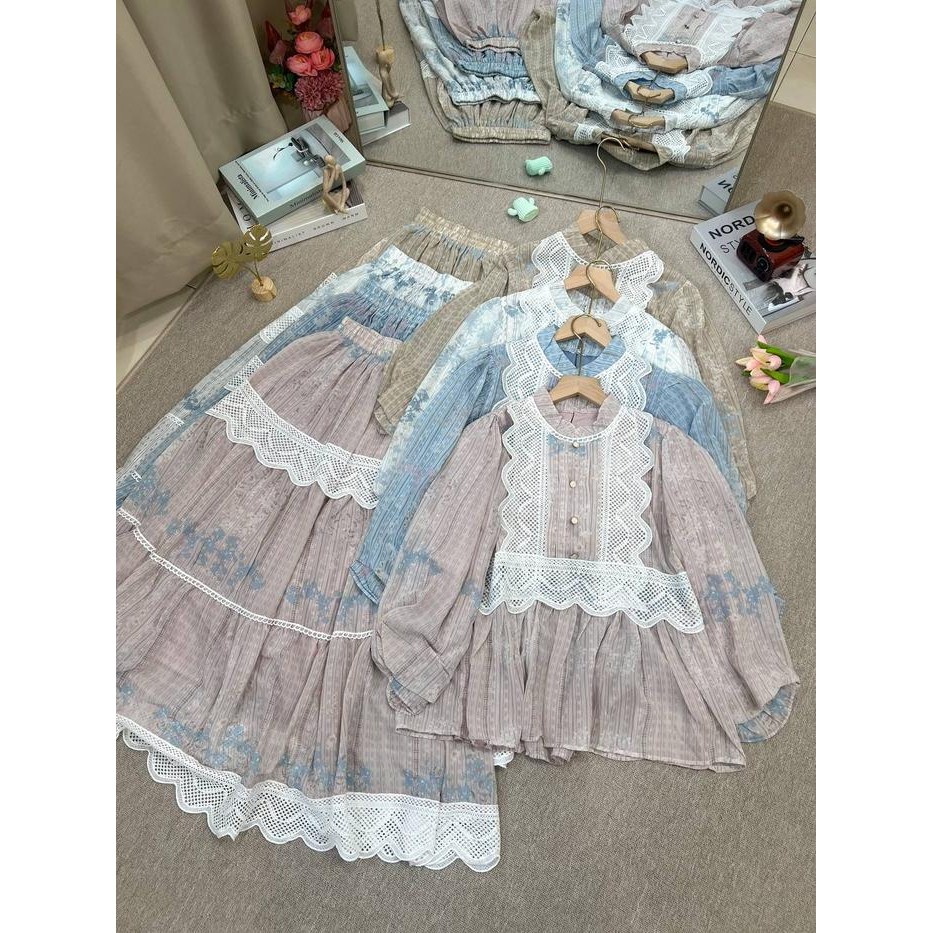 DISKON lia Vintage Set Rok / Setelan Rok Tingkat Ruffle Atasan Blouse Wanita Casual Korean Style