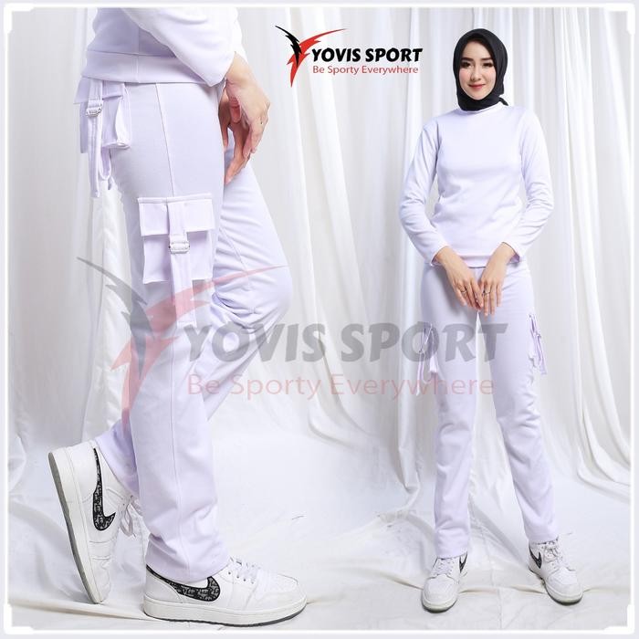 Pilihan- Celana Olaraga Panjang Kargo Putih Kantong 4 Yovis Sport/Celana Senam Pdl Wanita