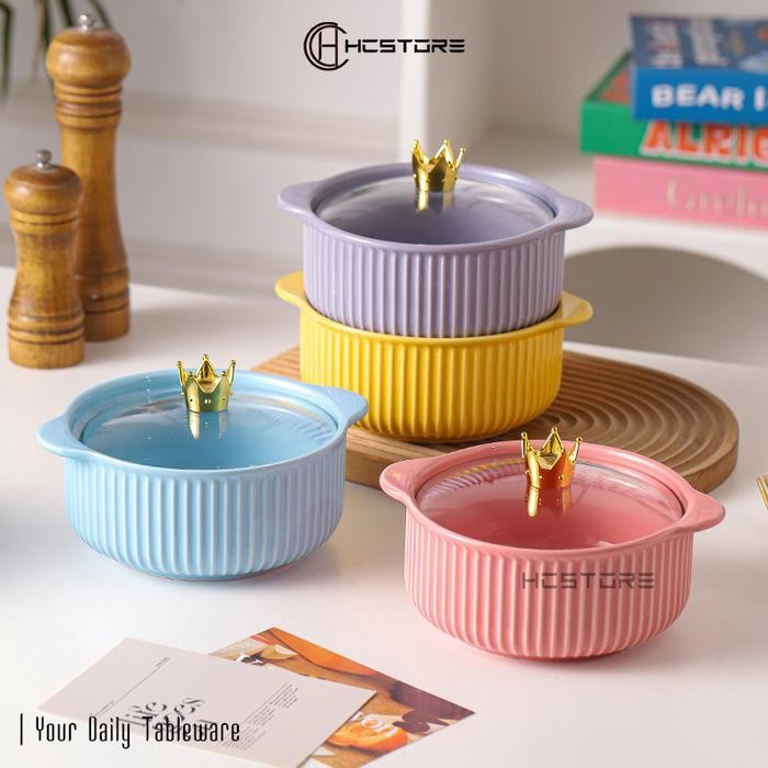 HCSTORE Mangkok Tutup warna ukuran 20cm dengan handle tahan panas mangkuk keramik tutup kaca