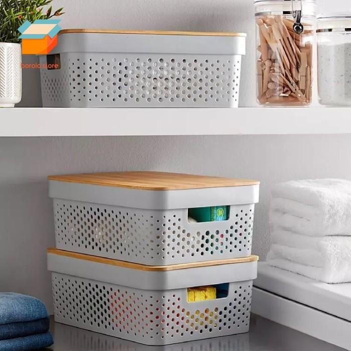 storage box organizer multifungsi putih dengan tutup kayu