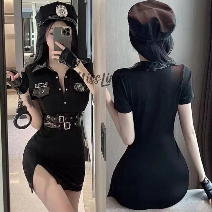 SEXY Baju Dinas Lingerie Cosplay Kostum Polisi Police Spandek Mix Kulit Premium