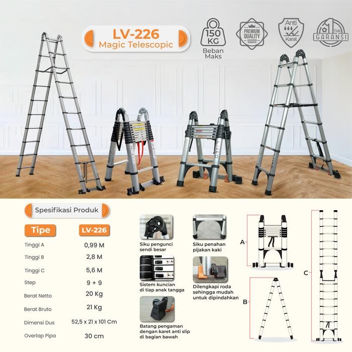 Terbagus Distributor Tangga 5,6 Meter Teleskopik Multi, Tangga Lipat, Double Terlariss 