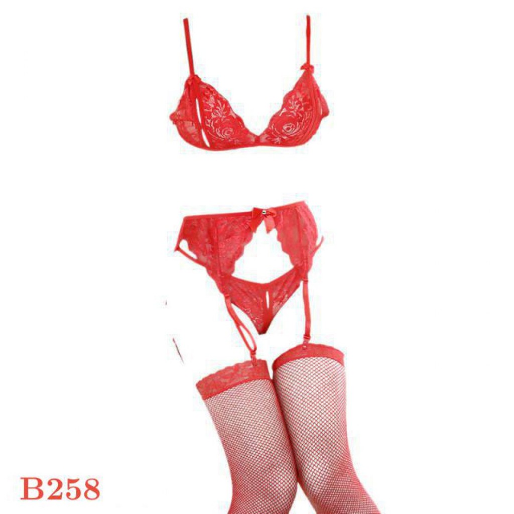 B258 - Bra Set Bralette Merah Transparan Celana Dalam Crotchless Garter Belt Stocking