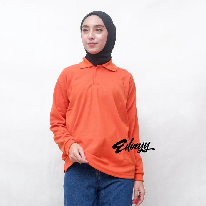 KAOS POLO SHIRT WANITA LENGAN PANJANG MERAH BATA - BAJU KERAH BERKERAH CEWEK LENGAN PANJANG