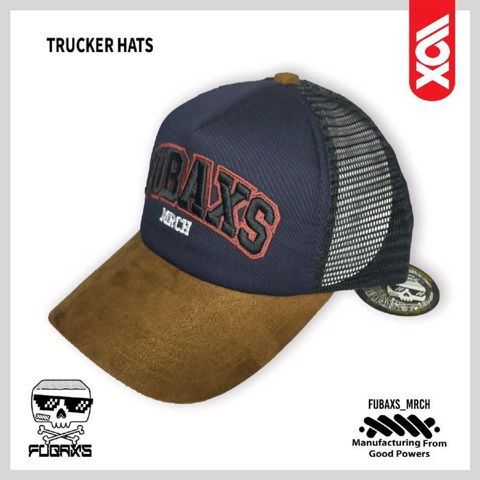 FUBAXS trucker pria Topi Trucker Pria dengan Bahan Suede Warna Coklat Hitam pria SWEET COKLAT suede 